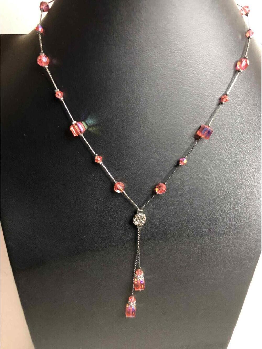 6394 Dabby Reid Heidi Necklace Prism Swarovski Crystals Dbl Dangle PINK